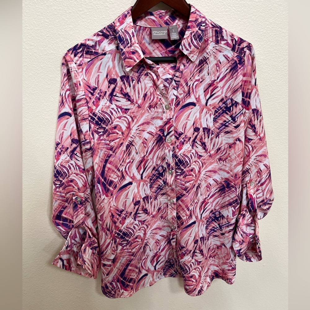 Chico’s Button-up Flowy Blouse Abstract Medium